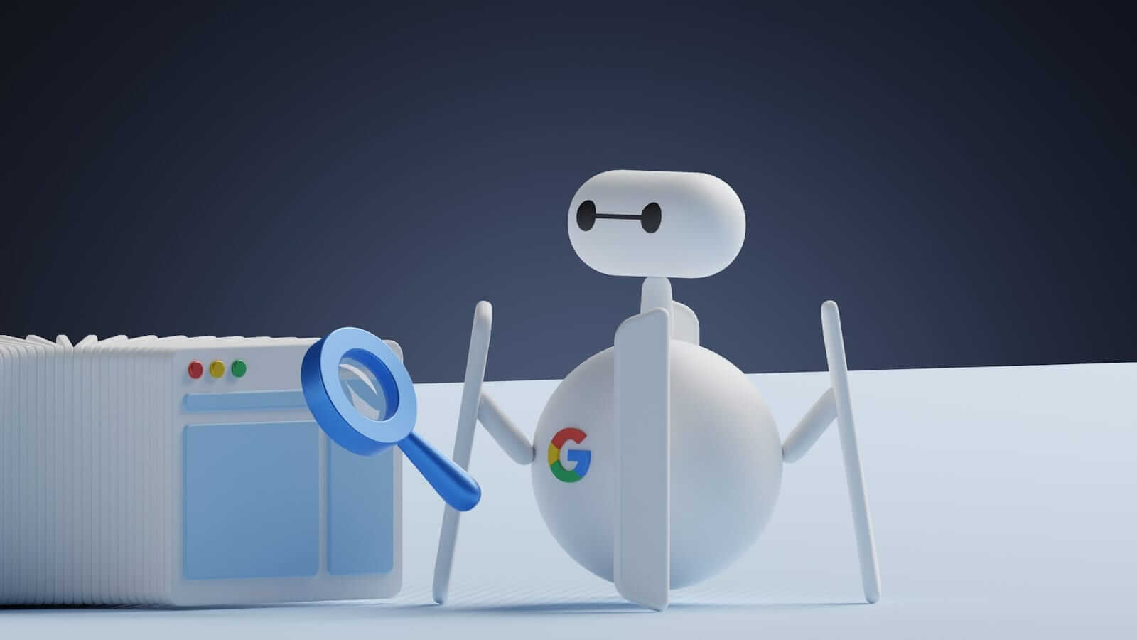 Roboter untersucht mit Lupe und Google-Logo.